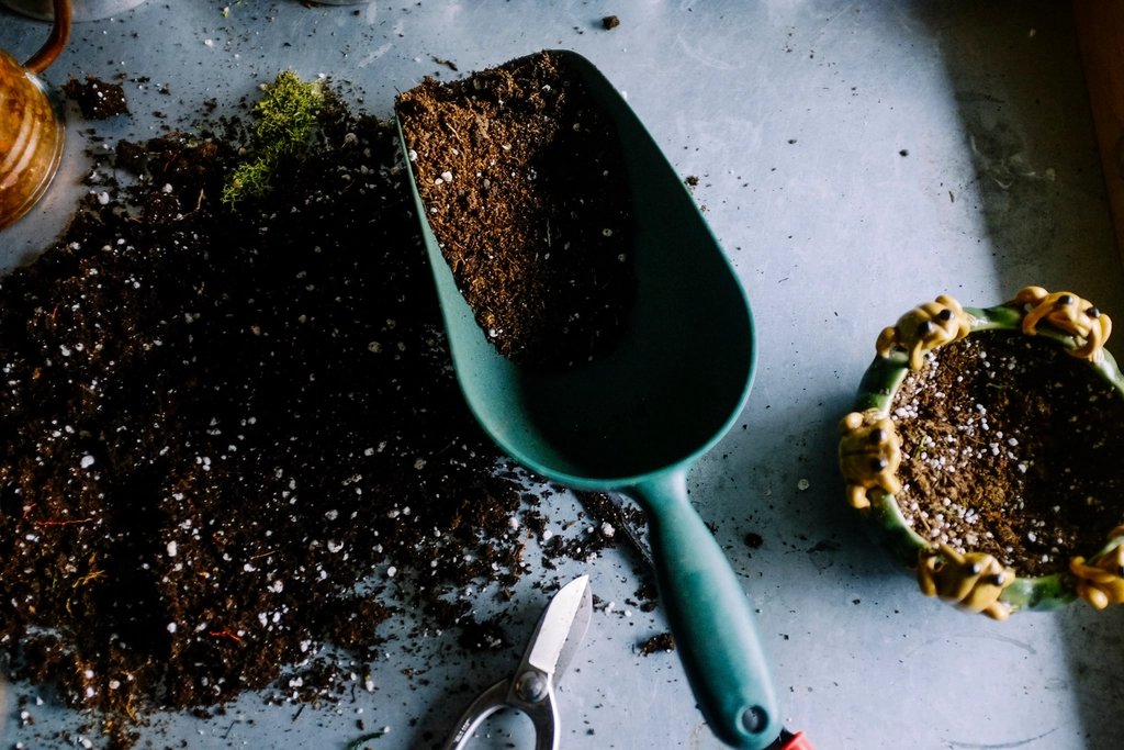 Green metal garden shovel filled